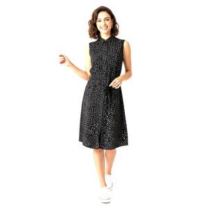Polka Dot Womens Large Sleeveless Shirt Dress Black White Tie Waist Academia